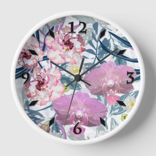 Horloge Fleurs roses et orchidées.