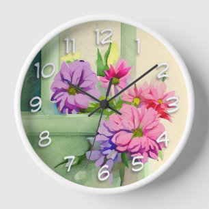 Horloge Fleurs roses et violettes sur fond de fenêtre