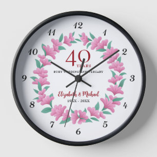 Horloge Fleurs roses florales rubis 40e Anniversaire couro