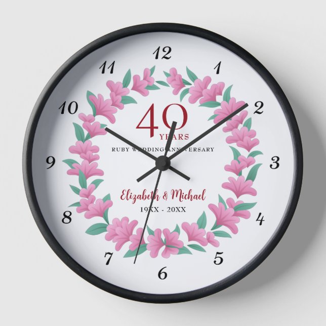 Horloge Fleurs roses florales rubis 40e Anniversaire couro (Recto)