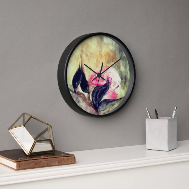 Horloge Fleurs roses harmoniques Feuilles noirs Abstraits (Bureau)
