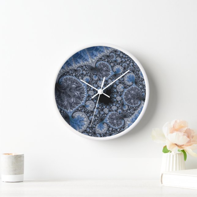 Horloge Fractal Bleu Noir Abstrait (Maison)