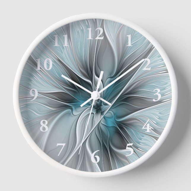 Horloge Fractal Floral Moderne Abstrait Fleur Bleu Gris (Recto)