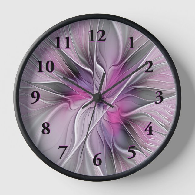 Horloge Fractal Floral Moderne Abstrait Fleur Rose Gris (Recto)