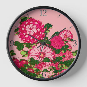 Horloge Frontière de fleur, fuchsia et rose japonais de