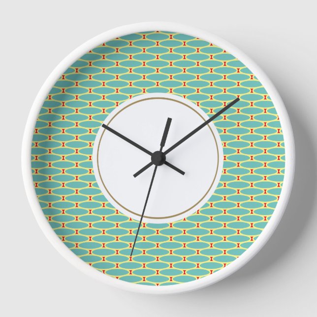 Horloge Fun Circulaire Aqua Blanc Jaune Motif géométrique (Recto)
