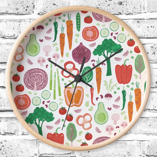 Horloge Fun Modern Vegetable Motif Cuisine (Fun modern colorful healty vegetable pattern kitchen clock)