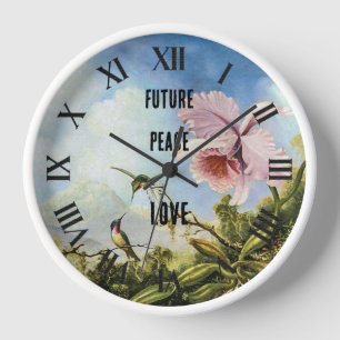 Horloge Futur, Paix, Amour, Orchidées et Colibris en Bleu