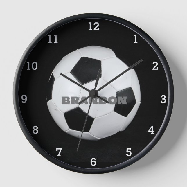 Horloge Garçons balle de football noir élégant Nom personn (Recto)