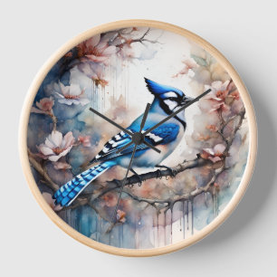 Horloge Geai bleu fleurs de cerisier aquarelle