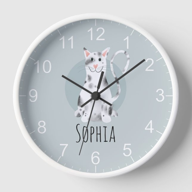 Horloge Girls Cute Black and White Cat Cartoon & Name Kids (Recto)