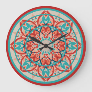 Horloge grande mandala bohème orange et turquoise