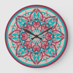 Horloge grande mandala bohème rose et turquoise