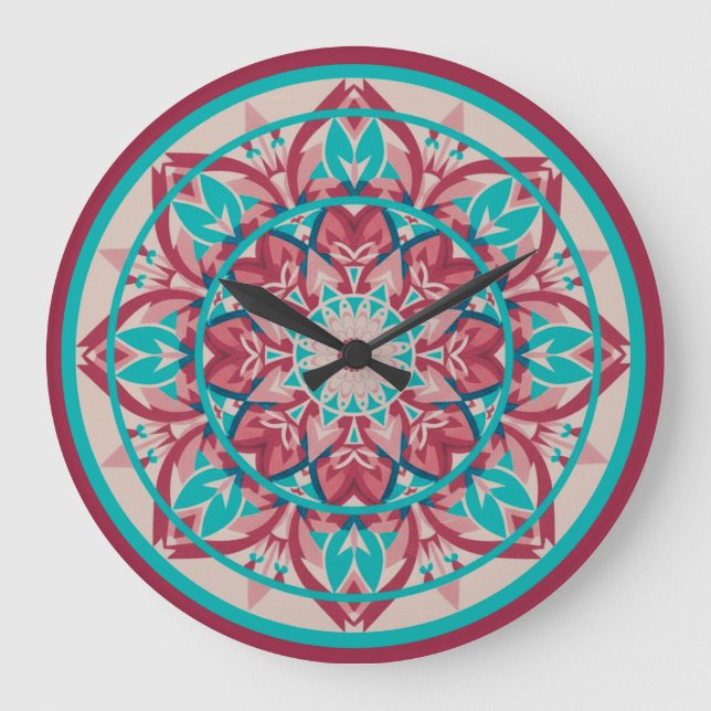 Horloge grande mandala bohème rose et turquoise (Recto)