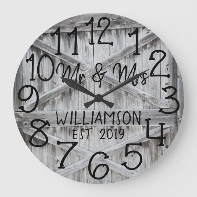 Horloge grande personnalisée en bois gris rustique (Recto)