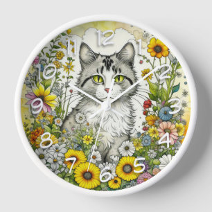 Horloge Gray Kitty Chat assis en Fleurs