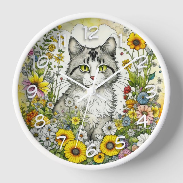 Horloge Gray Kitty Chat assis en Fleurs (Recto)