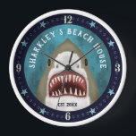 Horloge Great White Shark Nautical Custom<br><div class="desc">Décorate your beach house with this cute nautical clock featuring a hand-drawn Great White Shark and a starfish border. Use the easy templates to add your text.</div>