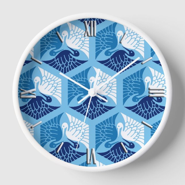 Horloge Grues japonaises, marine, blanche et bleu clair (Recto)