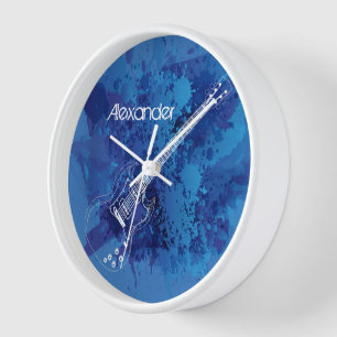 Horloge Guitare électrique Outline Blue Paint Splats