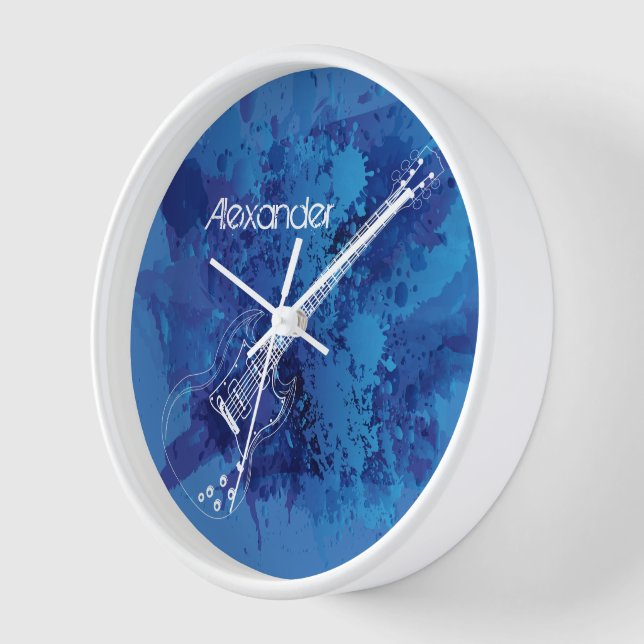 Horloge Guitare électrique Outline Blue Paint Splats (Angle)