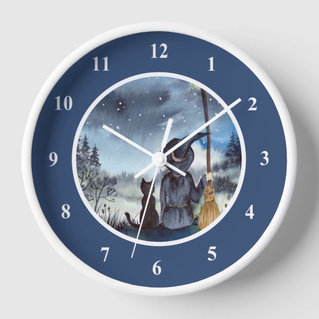 Horloge Halloween Chat noir et la Sorcière étoile nuit (Recto)
