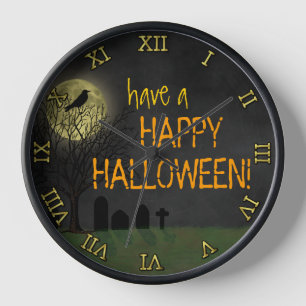 Horloge Halloween - Graveyard Crow and Moon Custom Text
