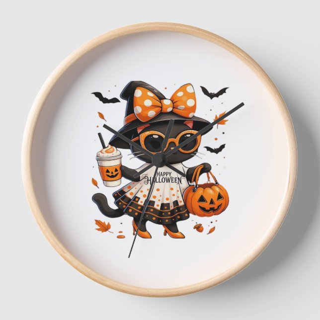 Horloge Halloween Kawaii Chat - Chat de sorcière avec Citr (Recto)
