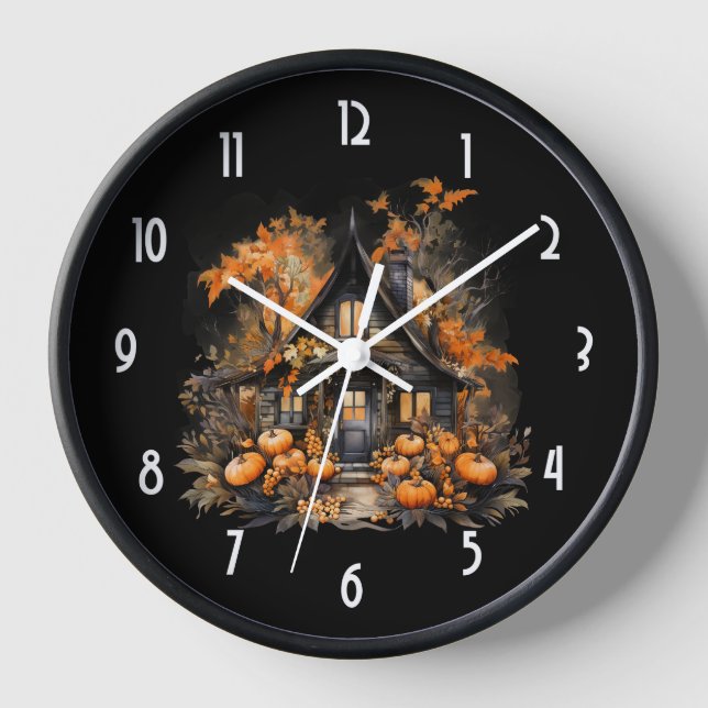 Horloge Halloween Maison hantée avec Citrouilles & Foliage (Recto)