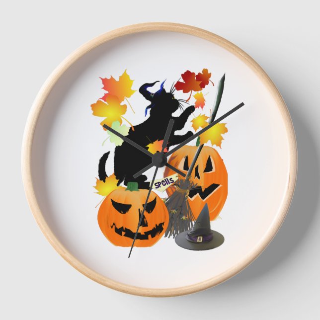 Horloge Halloween Noir Kitty Batting Joli Feuilles (Recto)