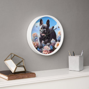 Horloge Happy Blue French Bulldog & Flowers