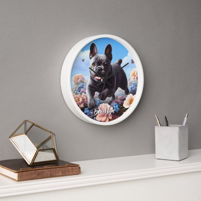 Horloge Happy Blue French Bulldog & Flowers (Bureau)