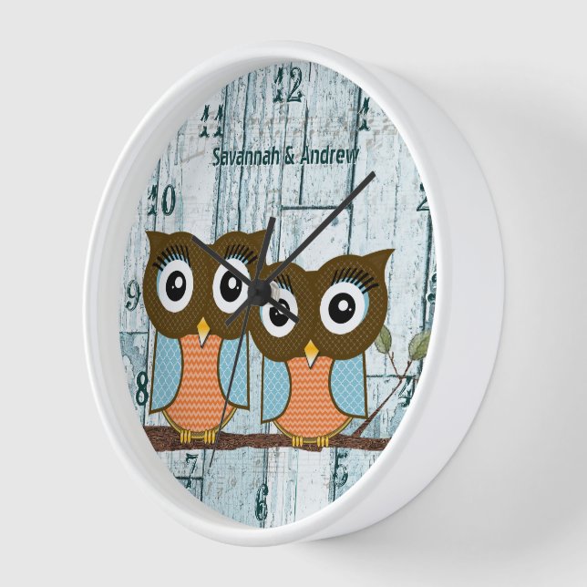 Horloge Hiboux oiseaux d'amour en bois aqua rustique perso (Angle)