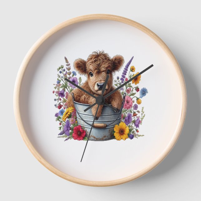 Horloge Highland Cow in Flower Bucket Png, Cute (Recto)