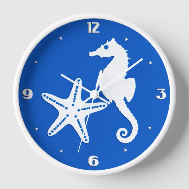 Horloge Hippocampe & étoile de mer - blanc sur bleu de cob (Recto)