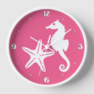 Horloge Hippocampe & étoile de mer - Rose corail et blanc