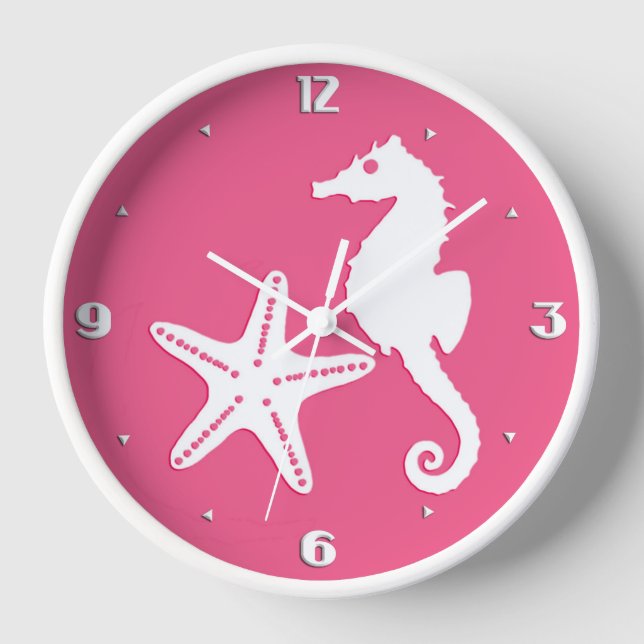 Horloge Hippocampe & étoile de mer - Rose corail et blanc (Recto)