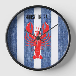 Horloge Homard rouge sur Bleu & Blanc Dénim Grilles Horlog