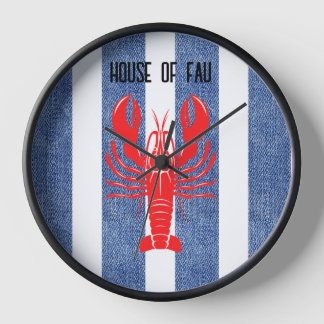 Horloge Homard rouge sur Bleu & Blanc Dénim Grilles Horlog