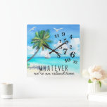Horloge horaire de Funny Island<br><div class="desc">Ajoutez un look élégant et tendance à votre maison ou bureau avec notre horloge "Island Time". Numéros amusants épars sur des feuilles de palmiers tropicaux peints à la main et arrière - plan de l'océan. Ajoutez votre libellé personnalisé à cette conception à l'aide des cases "Modifier ce modèle de conception"...</div>