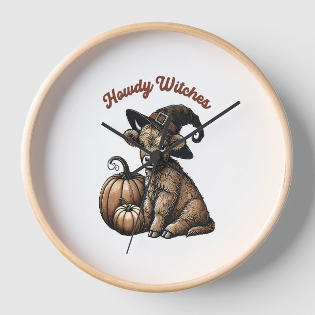 Horloge Howdy Witches Halloween Highland Cow (Recto)