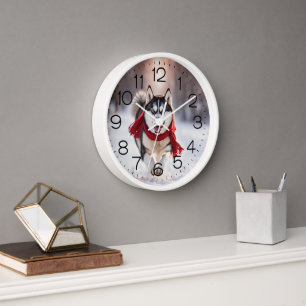 Horloge Husky portant une écharpe rouge d'hiver