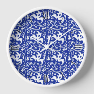 Horloge Ikat floral damassé - Bleu de cobalt et blanc