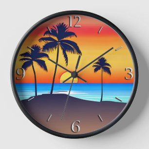 Horloge Île tropicale au coucher du soleil avec palmiers