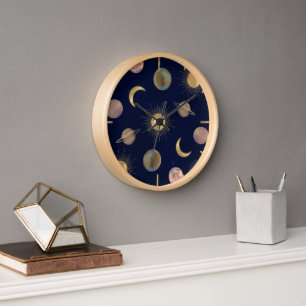 Horloge Illustration Blue Gold Sun Moon Planètes Space