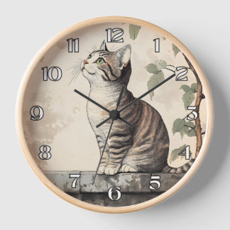 Horloge Illustration botanique vintage de chat tigré fanta