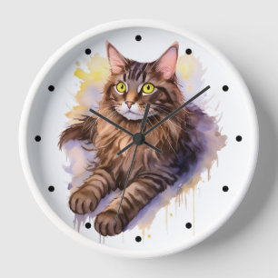 Horloge Illustration de l'aquarelle de chat Tabby long