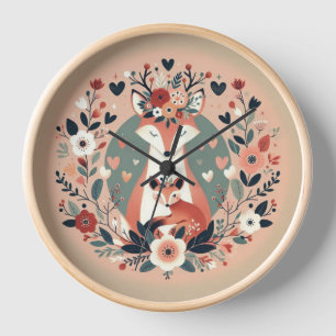 Horloge illustration folk art Renards