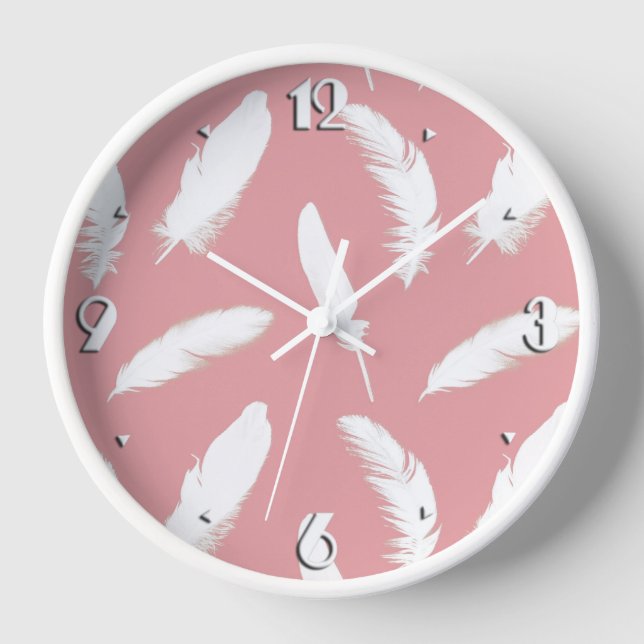 Horloge Impression en plumes blanches sur coque rose (Recto)