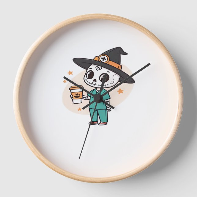 Horloge Infirmière d'Halloween avec café portant des sorci (Recto)